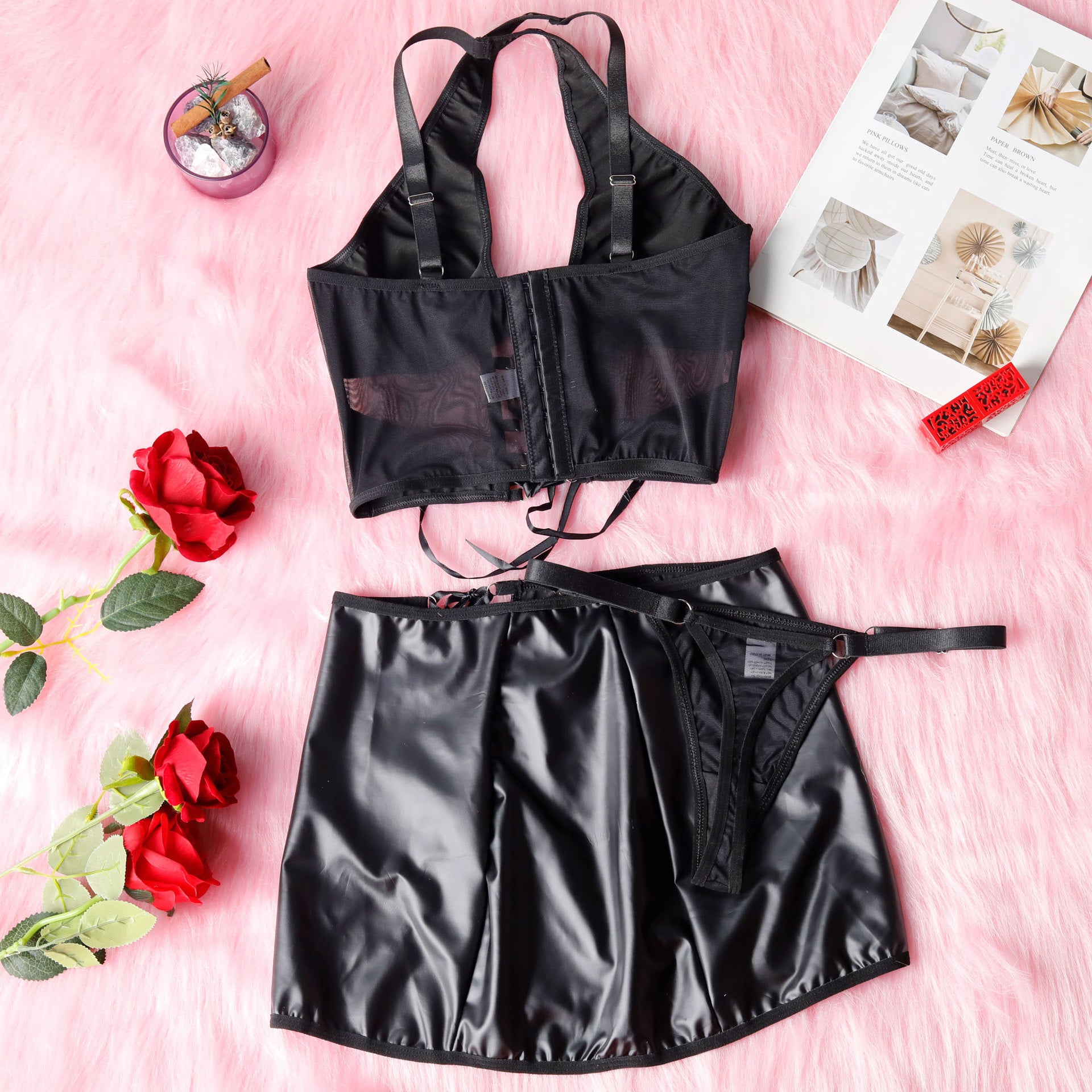 Leather Crisscross Halter Mesh Split Two-Piece Erotic Set