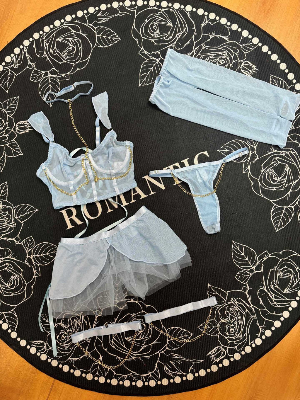 Seductive Sheer Mesh Lingerie Set with Gloves And Garter Straps