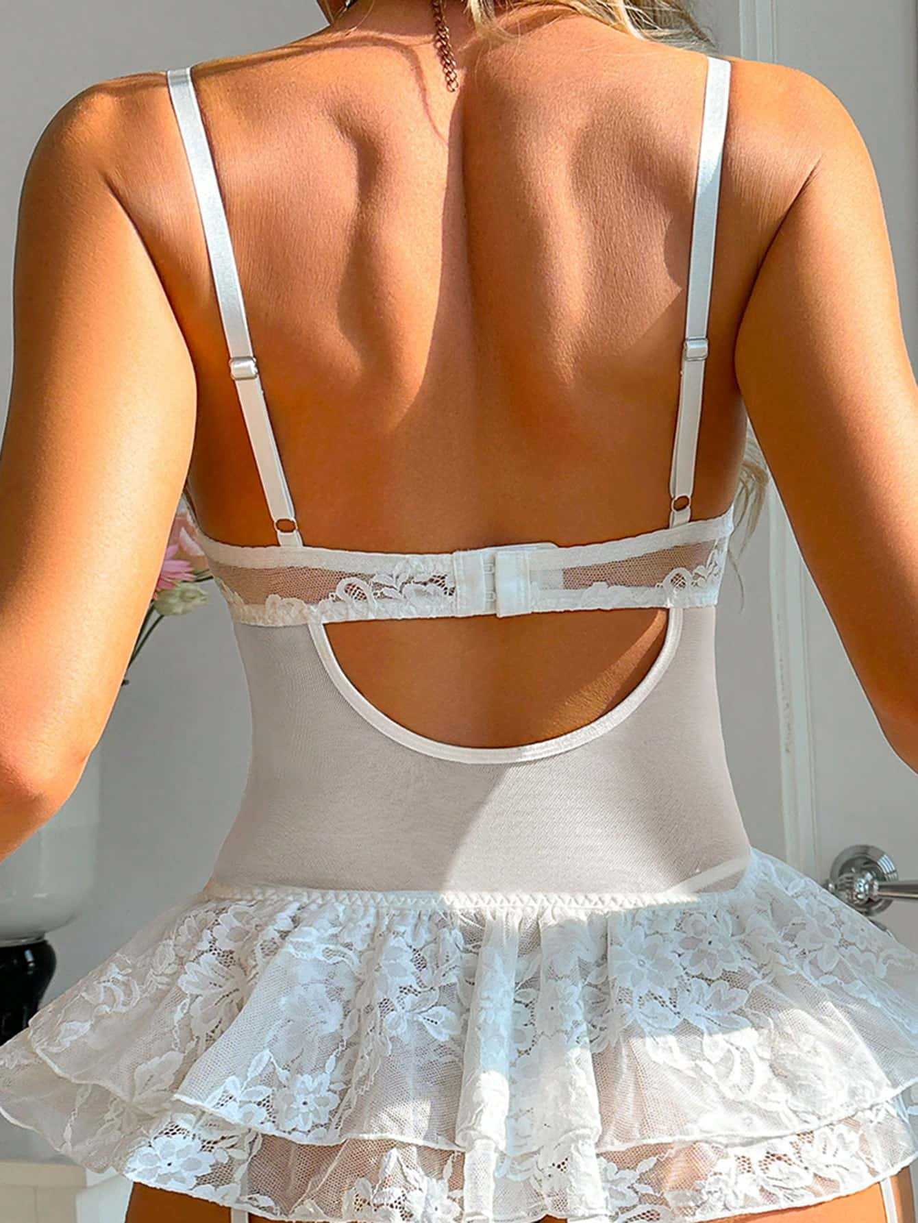 Sheer Mesh Lace Lingerie Babydoll with Underwire & Garter Straps