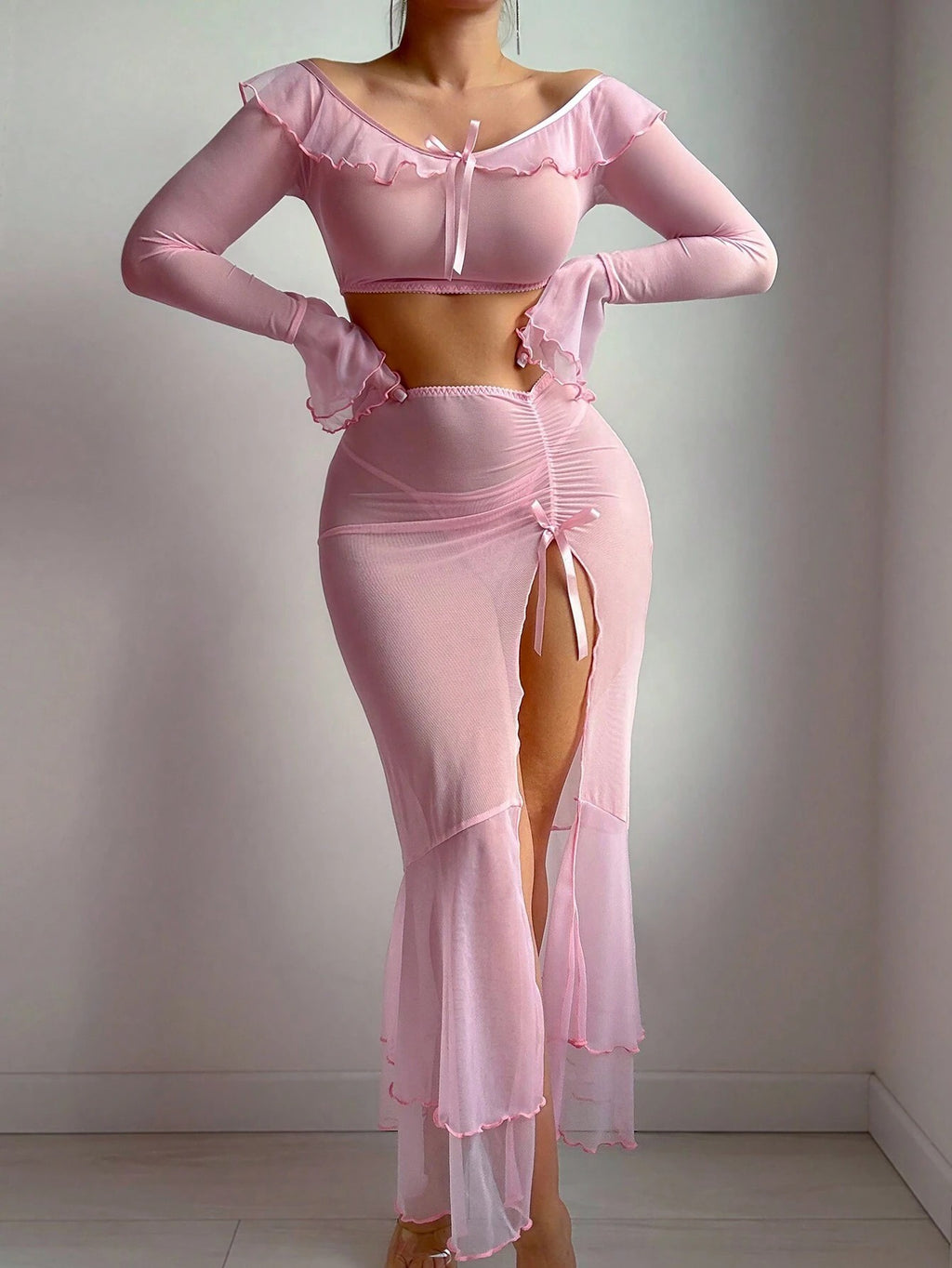 Off-Shoulder Sheer Mesh Lingerie Set with Ruffle Trim And Bow Detail