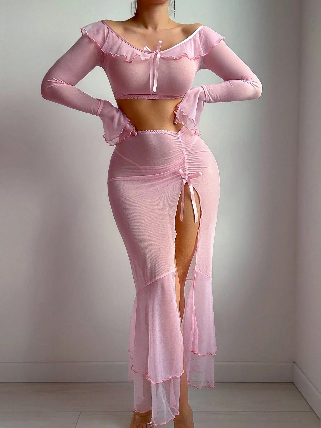 Off-Shoulder Sheer Mesh Lingerie Set with Ruffle Trim And Bow Detail