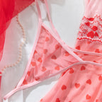 Heart‑Motif Lace‑Panel Sheer Mesh Babydoll