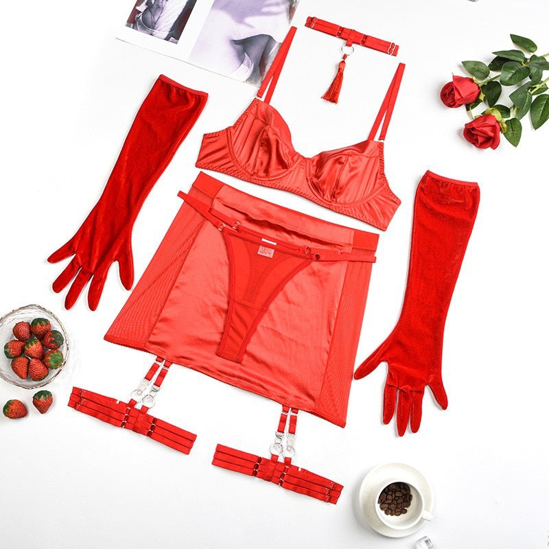 Luxury Satin Mesh Lingerie Set with Adjustable Garter Straps