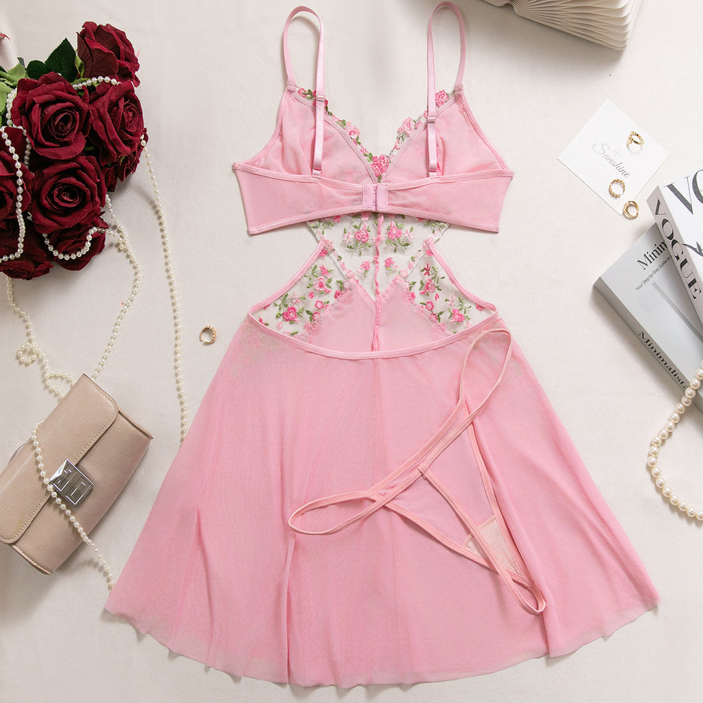 Floral‑Embroidery Mesh Babydoll