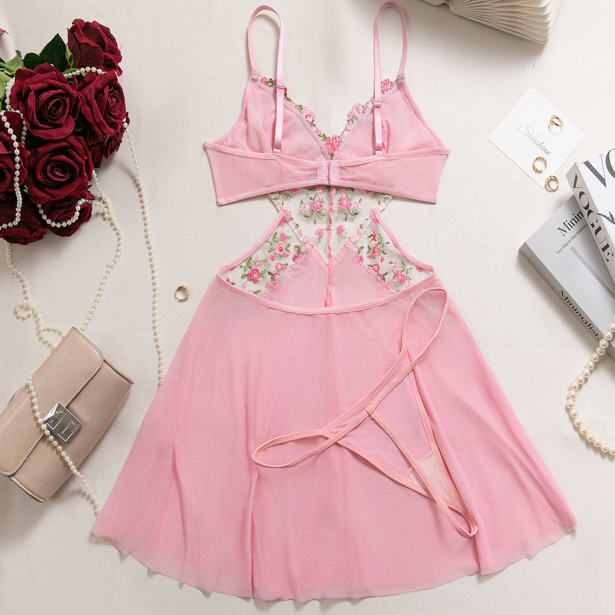Floral‑Embroidery Mesh Babydoll