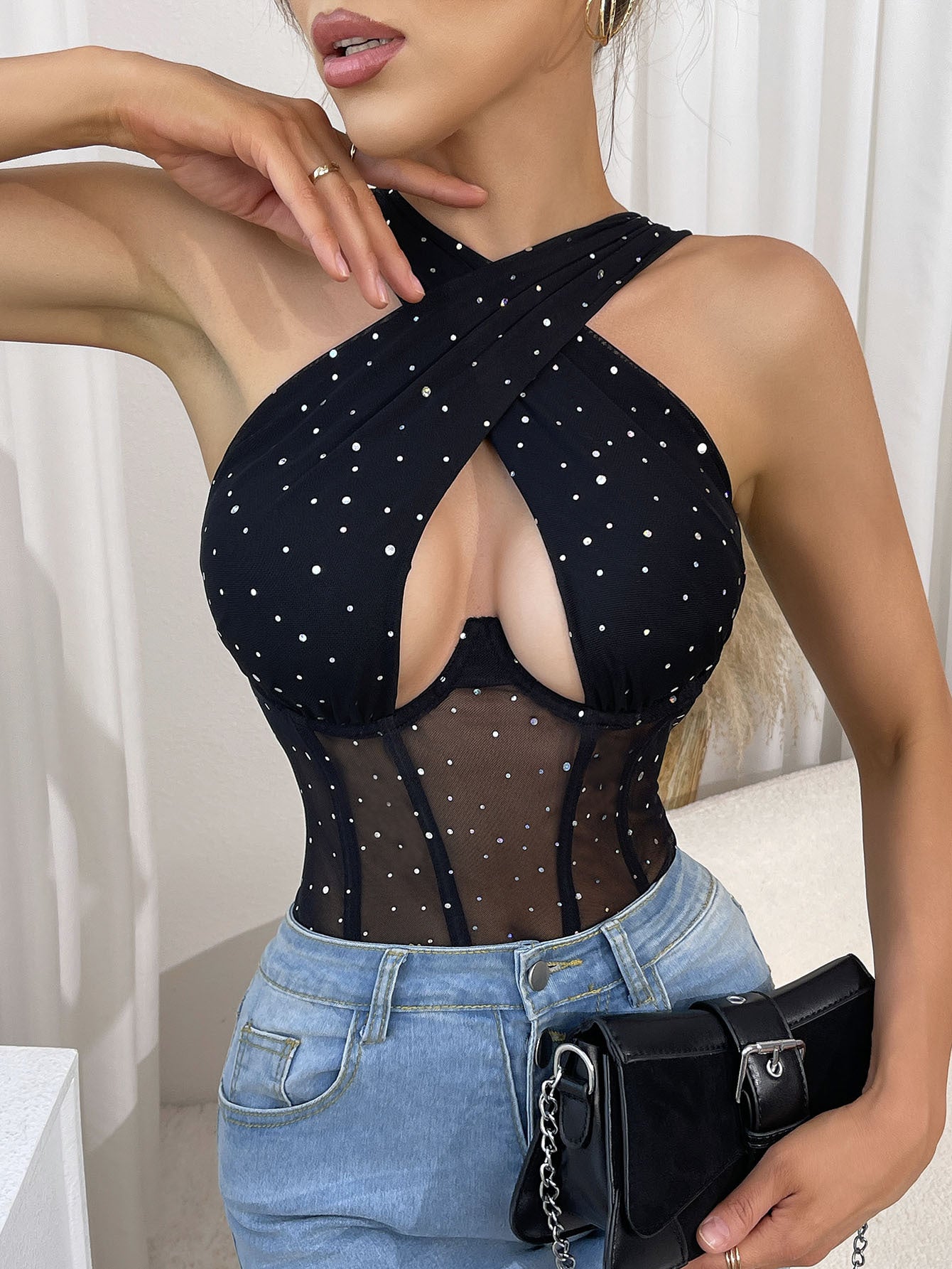 Rhinestone Crisscross Halter Bodysuit with Mesh Corset Panel