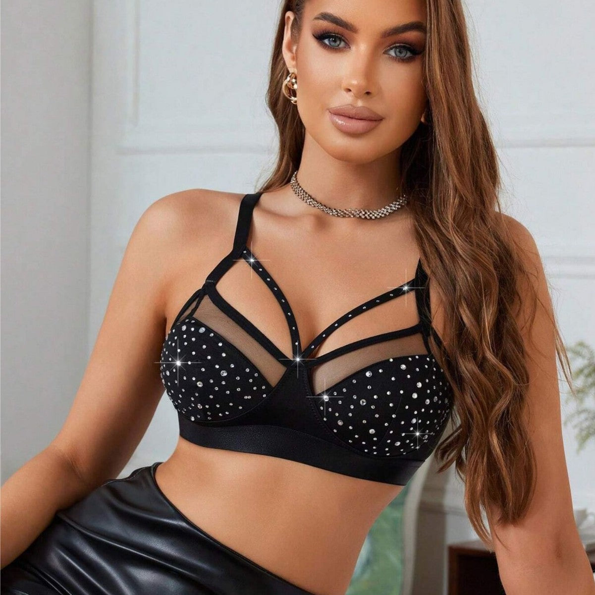 Diamond-Studded Sheer Mesh Push-Up Bra with Adjustable Straps
