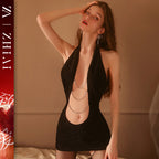 Sexy Lingerie, Sultry Minimalist Uniform Style, Nightclub-Inspired Hip-Hugging Skirt, Chain Detail, Halter Neck Sheer Outfit