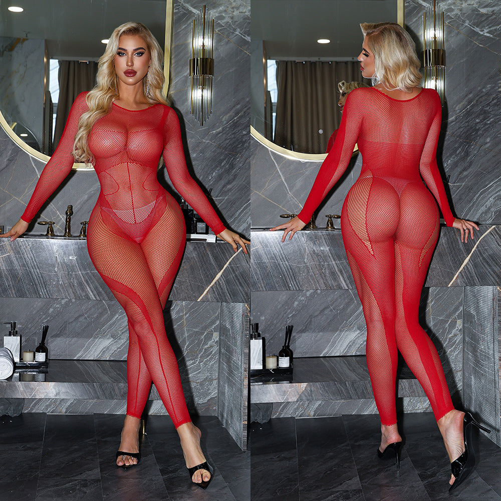 Sexy Black Sheer Lingerie Long Sleeve Mesh Cutout Bodystocking