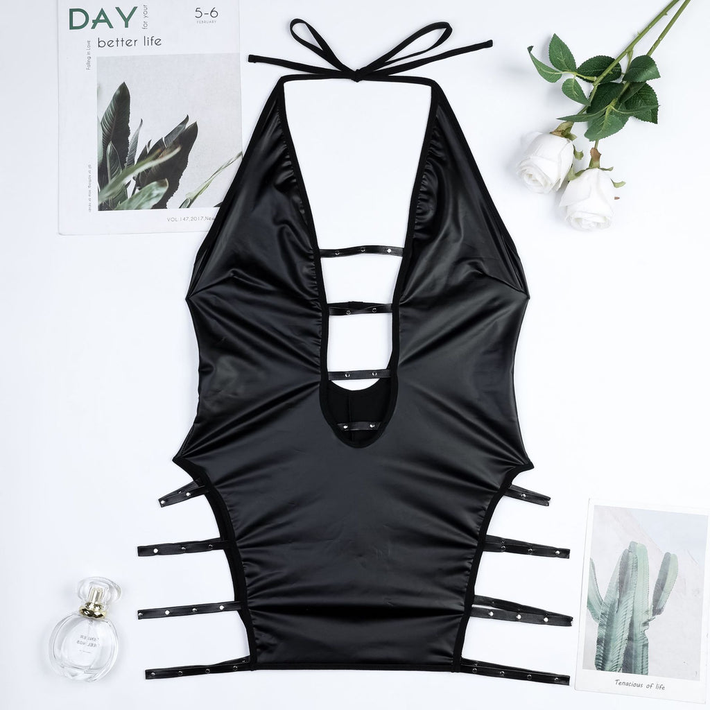 Edgy Wet-Look Halter Neck Dress with Studded Detailing