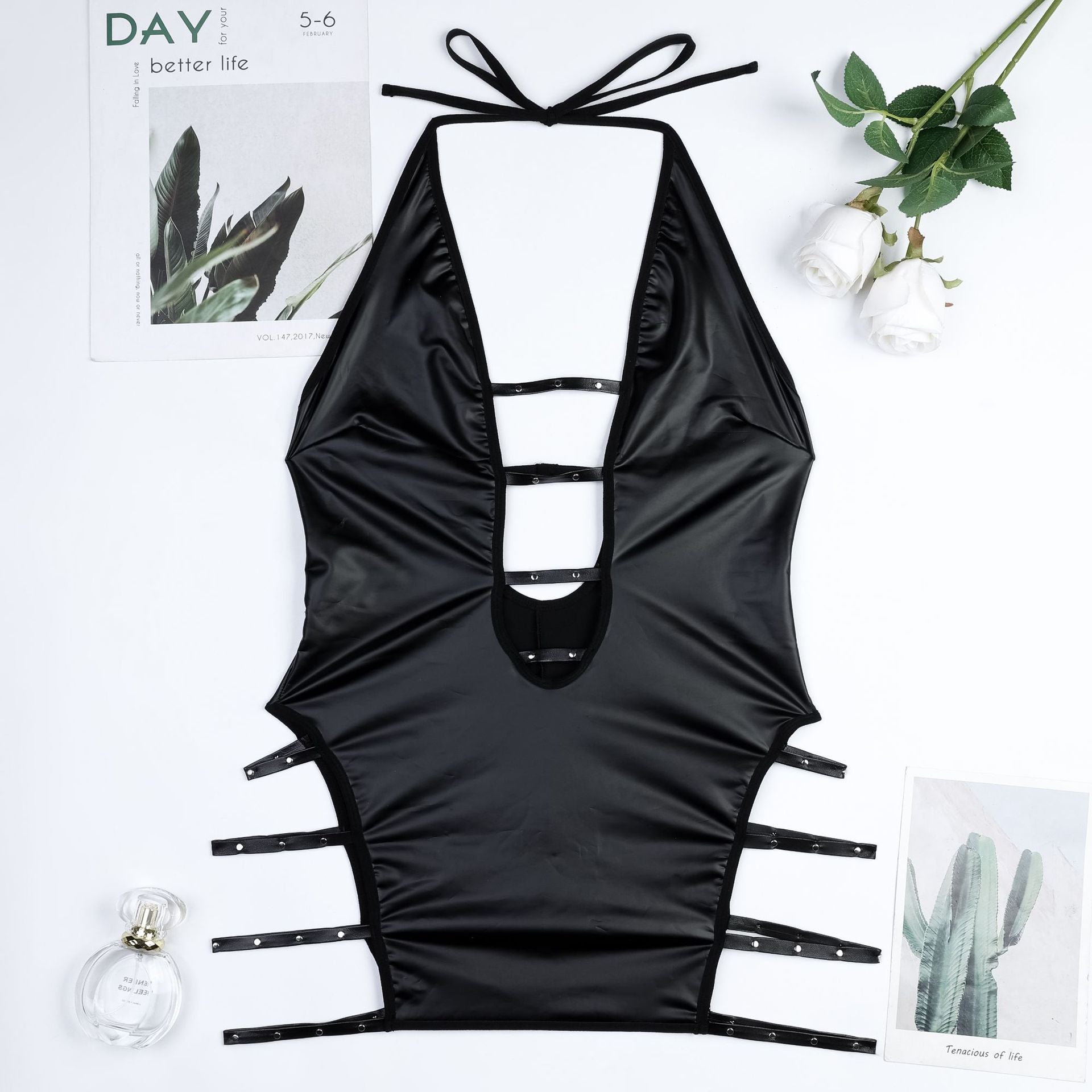 Edgy Wet-Look Halter Neck Dress with Studded Detailing