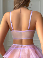 Floral Embroidered Sheer Mesh Lingerie Set with Lace-Up Garter Skirt