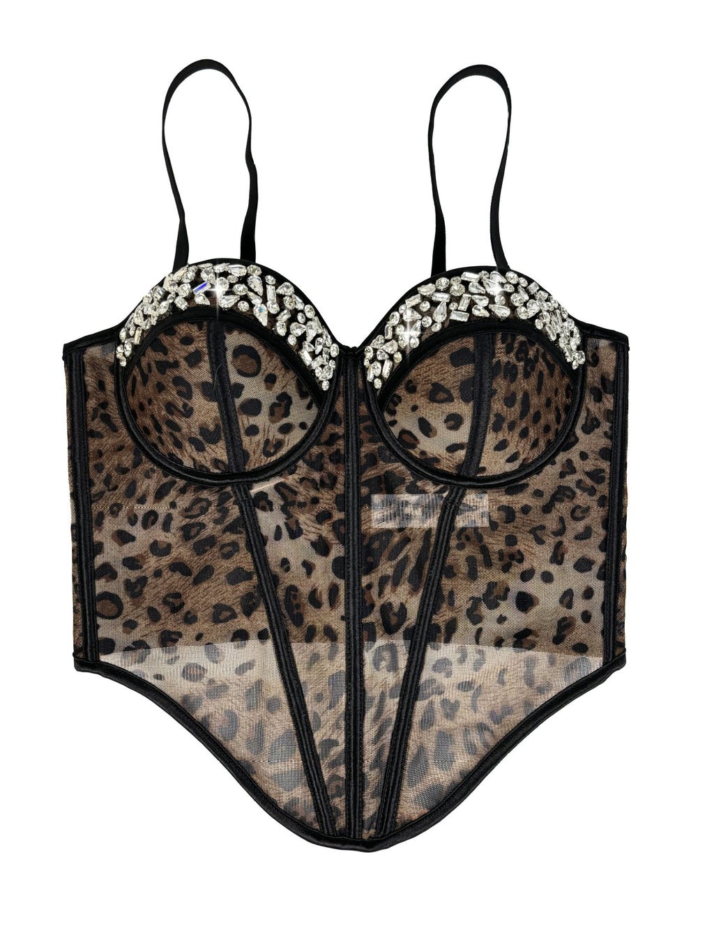 Leopard Print Mesh Corset Bustier with Rhinestone Trim