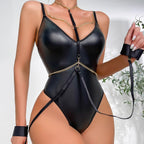 Faux Leather Chain Halter Hollow Back High Cut Teddy Bodysuit
