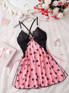 Heart Print Floral Lace Crisscross Back Bow Side Slit Babydoll