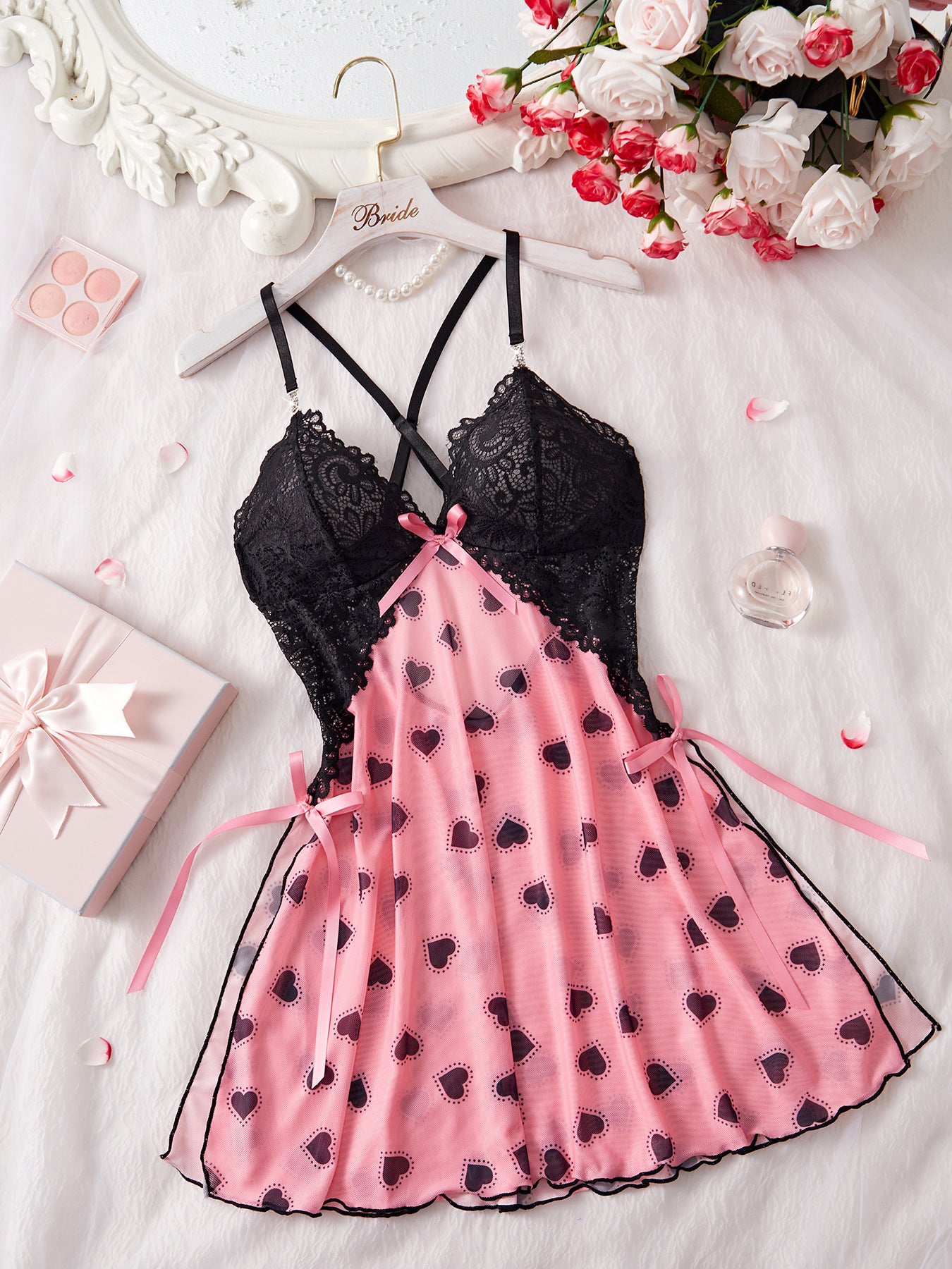 Heart Print Floral Lace Crisscross Back Bow Side Slit Babydoll