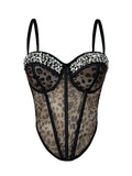 Leopard Print Mesh Corset Bustier with Rhinestone Trim
