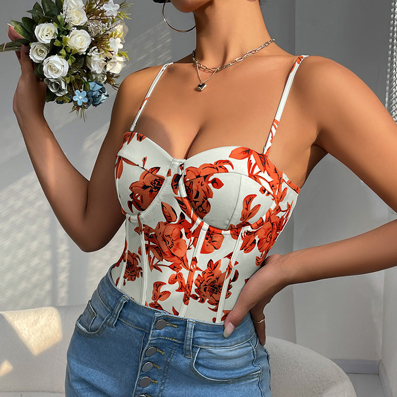 Floral Print Corset Bodysuit with Sweetheart Neckline