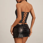 Pinstripe Corset with Lace Panel And Rhinestone Buckle