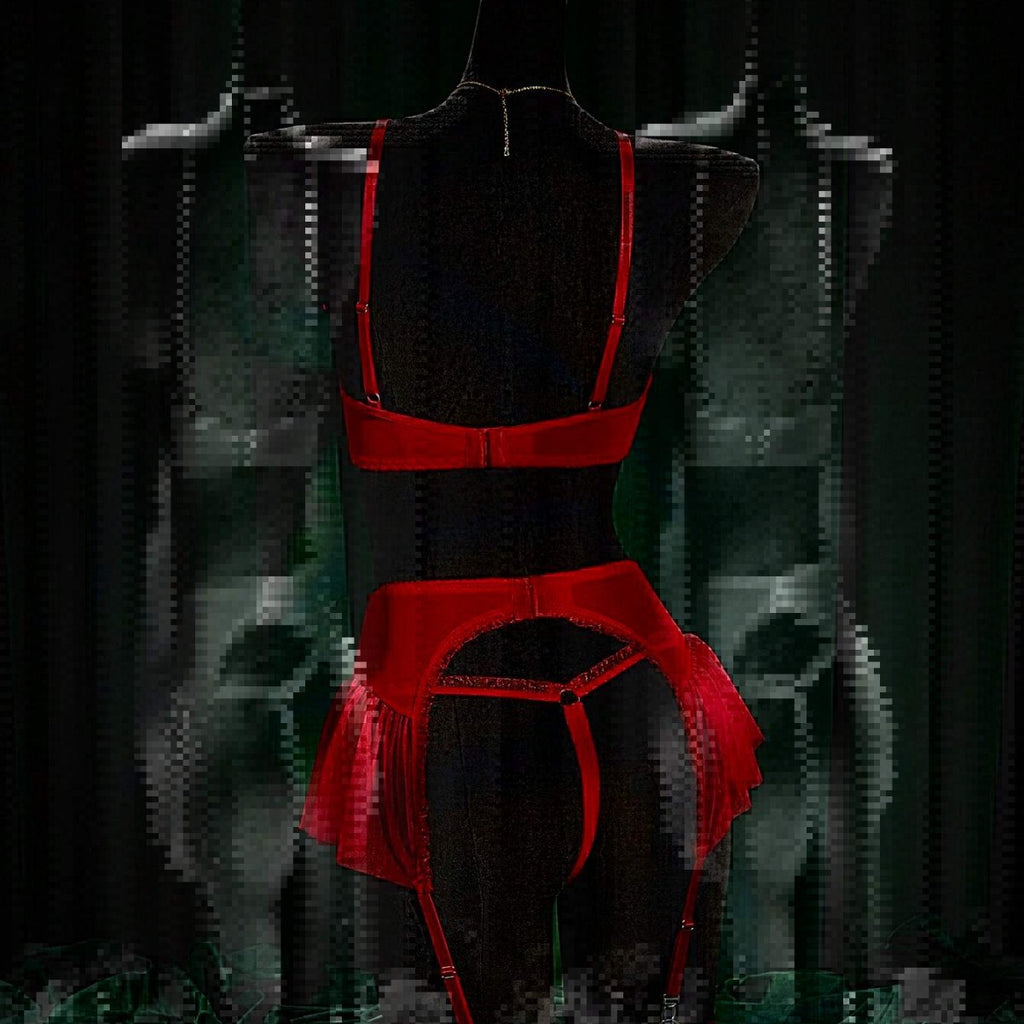 Ruffled Mesh Bra And High-Waisted Garter Skirt Lingerie Set