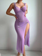 Sheer Mesh Butterfly Embroidery Maxi Lingerie Dress