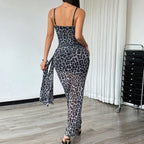 Leopard Print Lace Bustier Sheer Maxi Dress
