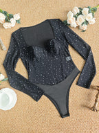 Rhinestone Sheer Mesh Corset Bodysuit with Square Neckline