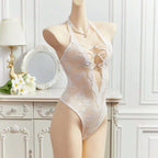 Deep‑V Lace‑Up Sheer Bodysuit with Halter