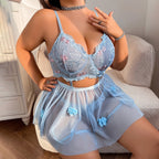 Plus Size Floral Embroidered Underwire Split Bra Thong Set