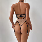 Sheer Mesh And Wet-Look Halter Neck Bodysuit