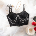 Lace Corset Crop Top with Pearl Chain Detail