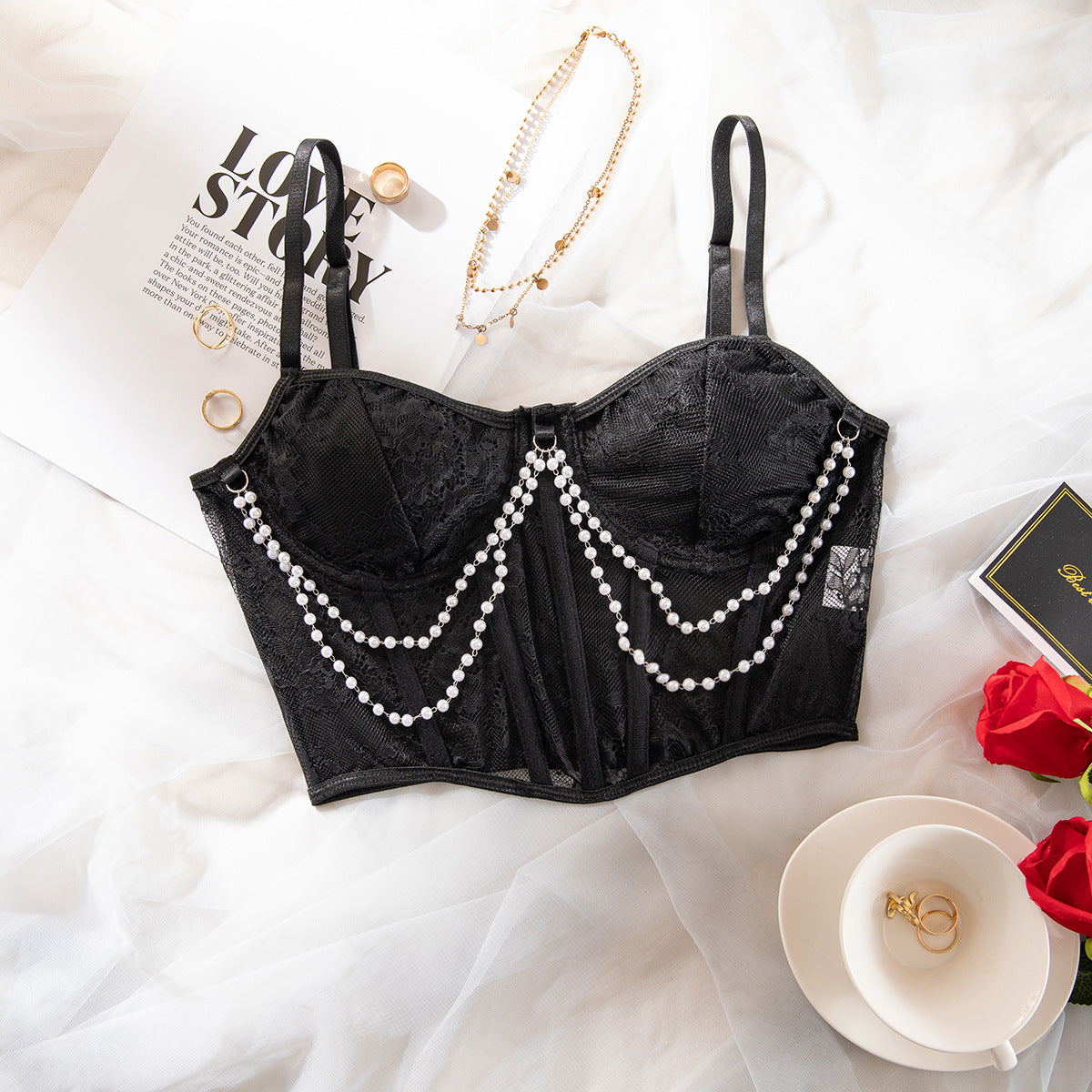 Lace Corset Crop Top with Pearl Chain Detail