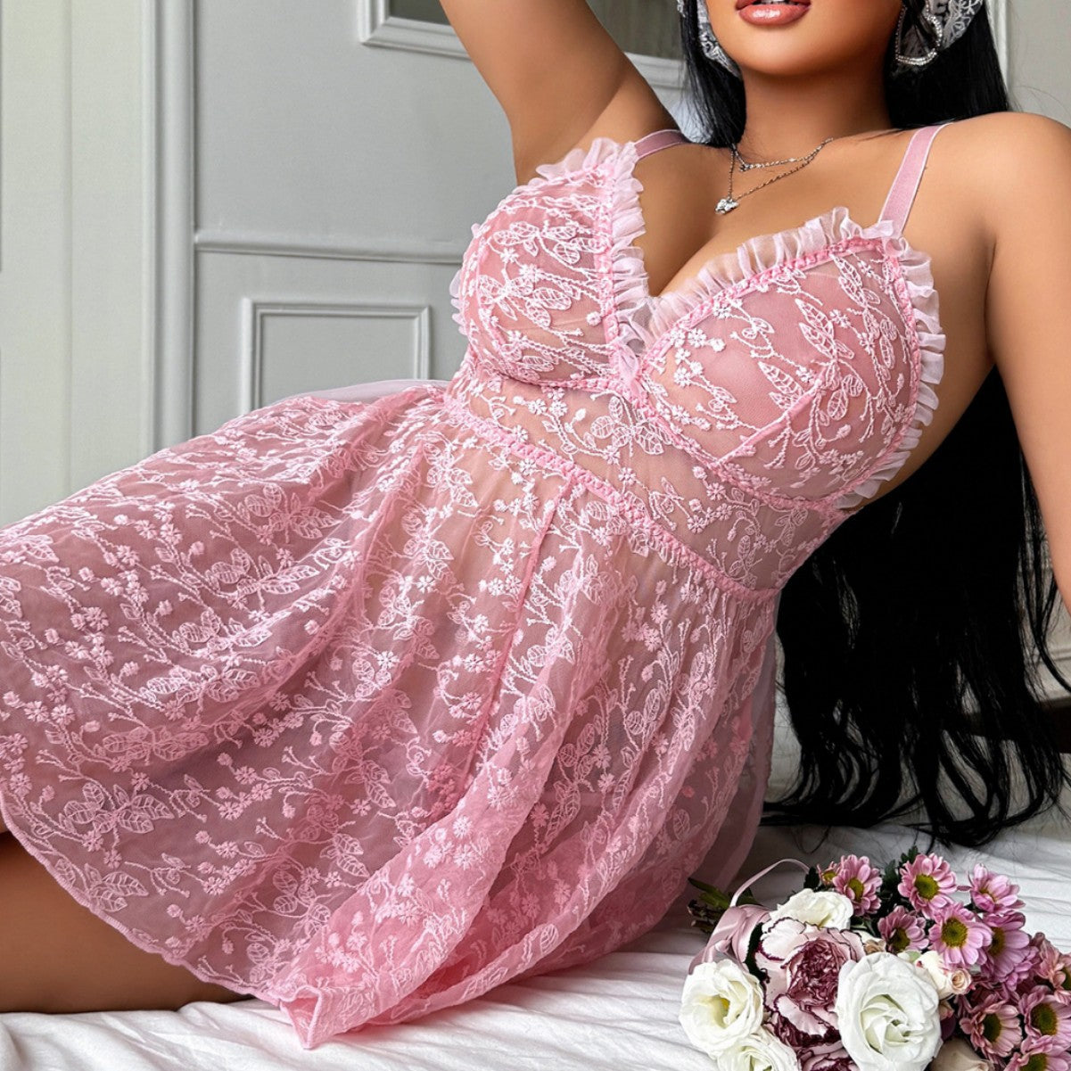 Floral Embroidered Tulle Babydoll with Ruffle Trim & Back Lace-Up