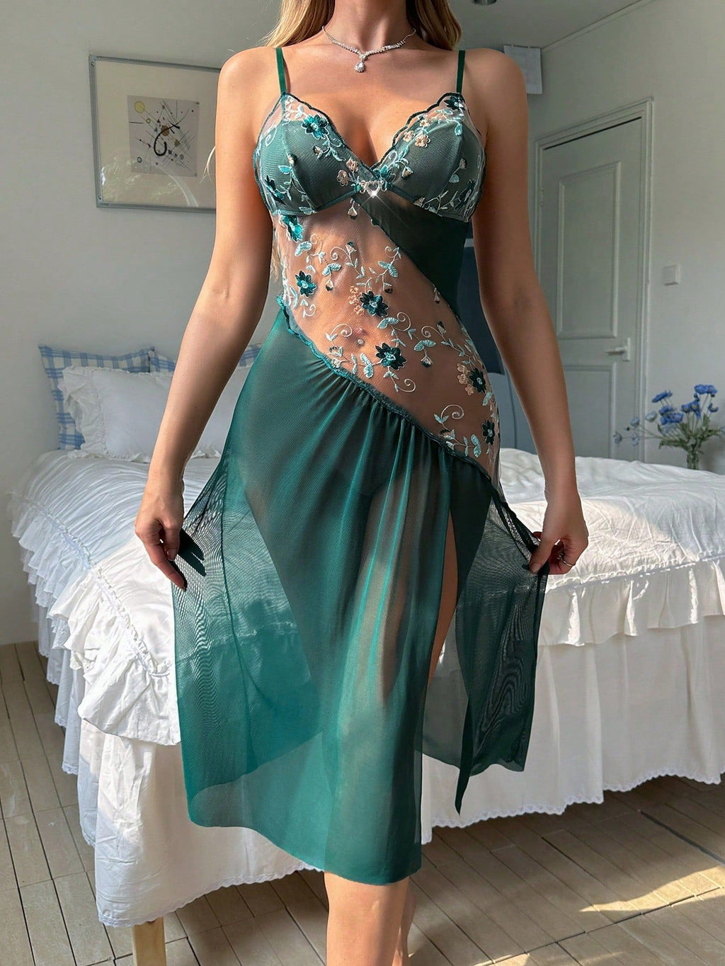 Floral Embroidery Mesh Hollow High Slit Midi Babydoll