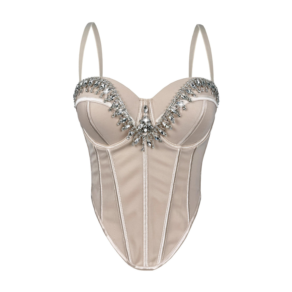 Rhinestone-Embellished Corset Bustier with Satin Finish
