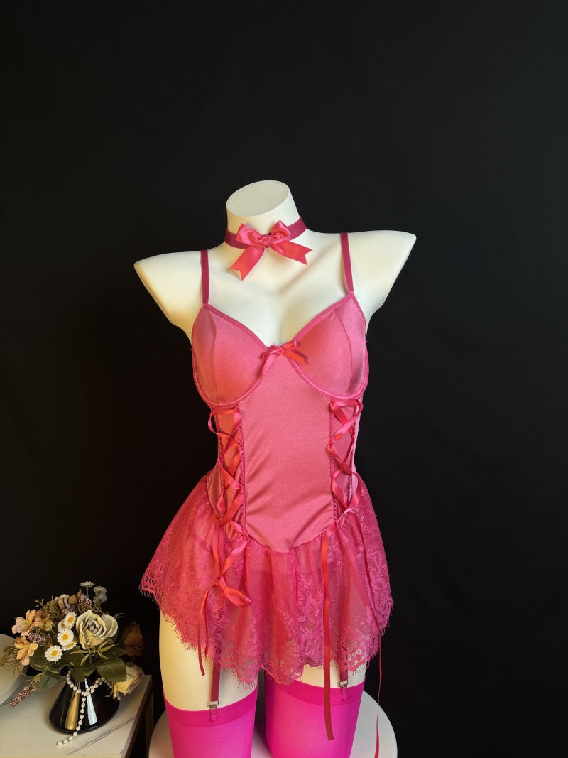Bow Accent Ruffle Lace Lingerie Dress