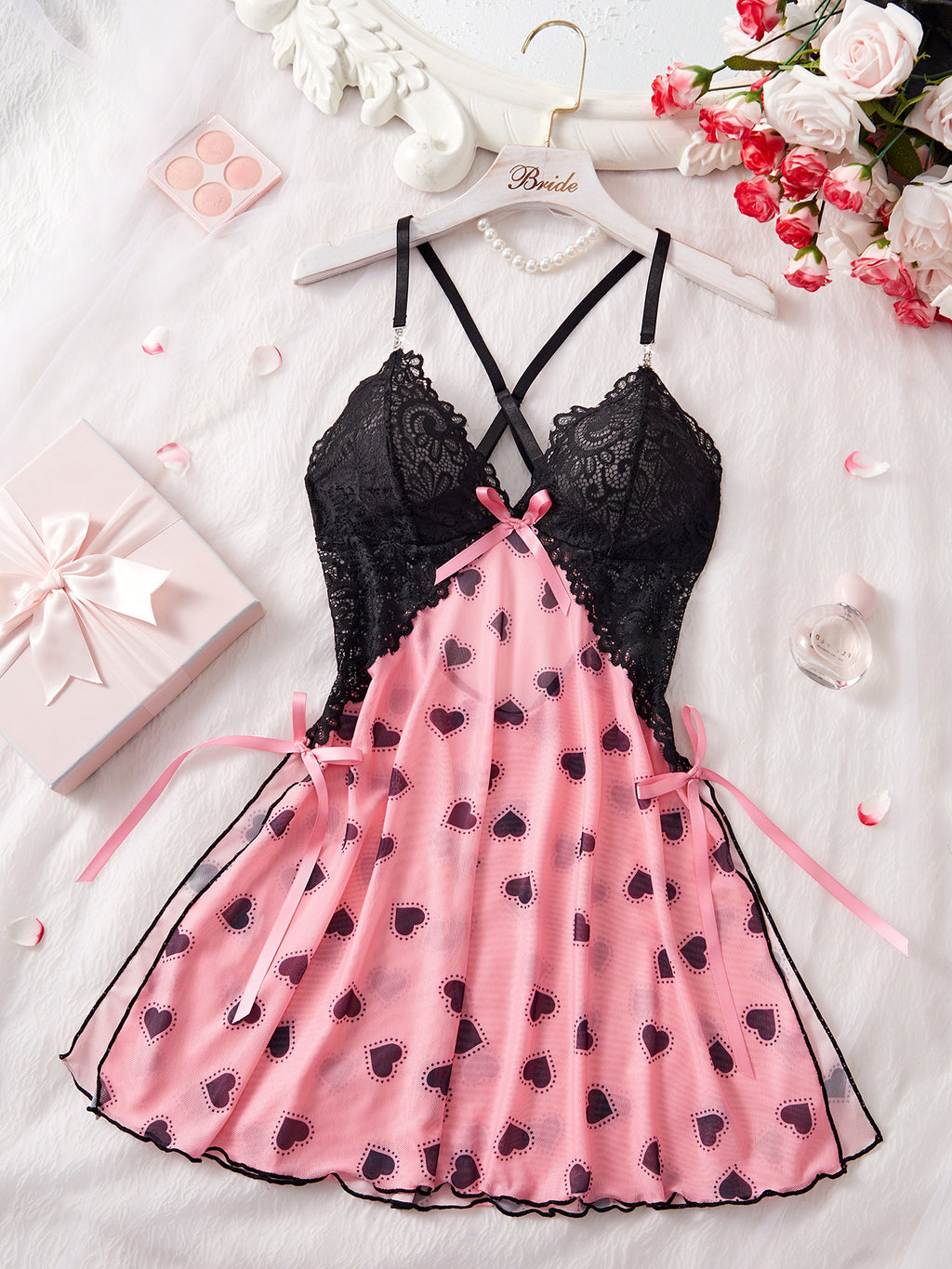 Heart Print Floral Lace Crisscross Back Bow Side Slit Babydoll
