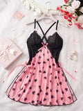 Heart Print Floral Lace Crisscross Back Bow Side Slit Babydoll