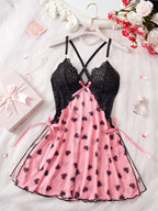 Heart Print Floral Lace Crisscross Back Bow Side Slit Babydoll