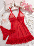 Polka Dot Sheer Mesh Ruffle Babydoll Lingerie Set
