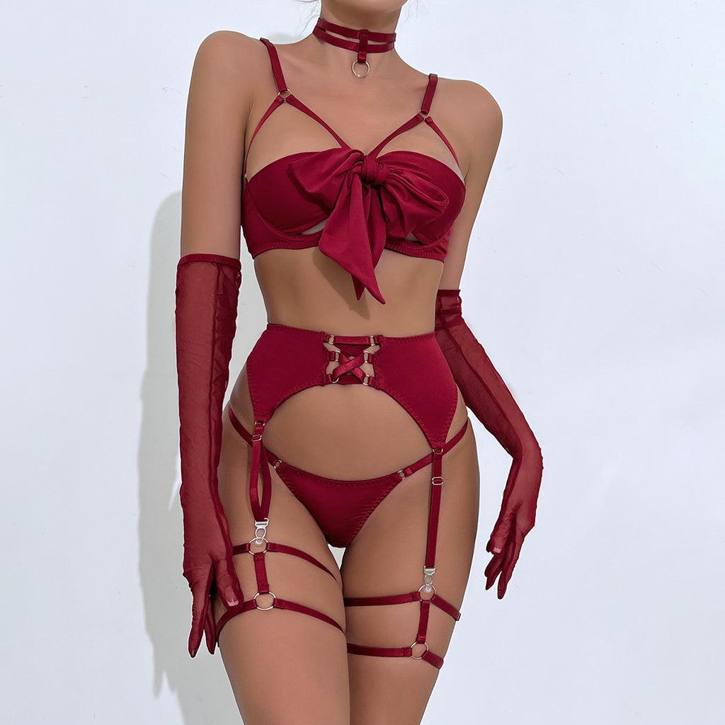 Bow Strappy Lingerie Set with Garter Belts