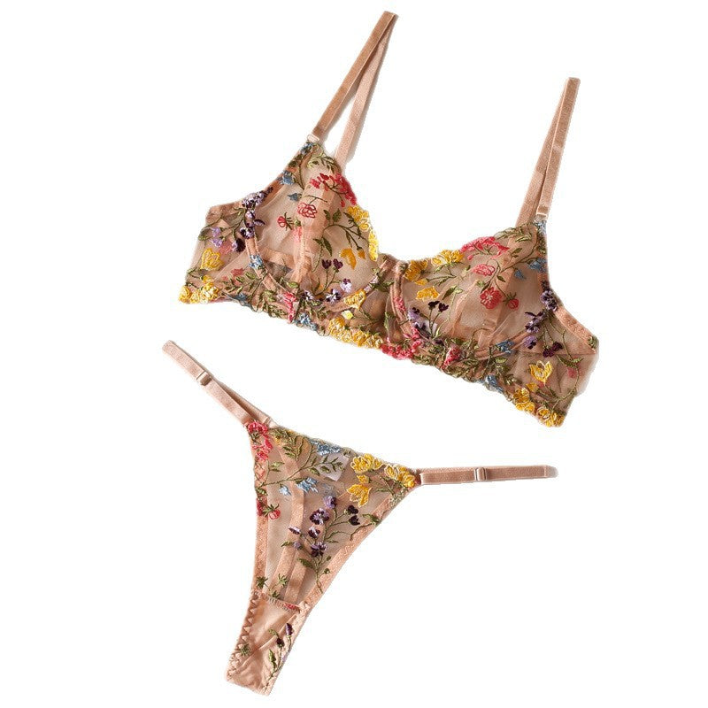Sexy Embroidered Floral Colorblock Underwire Bra and Thong Lingerie Set