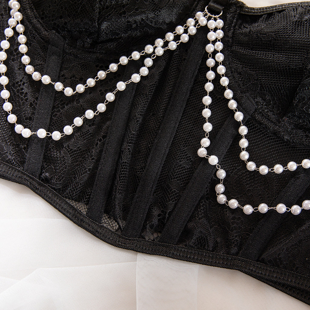 Lace Corset Crop Top with Pearl Chain Detail