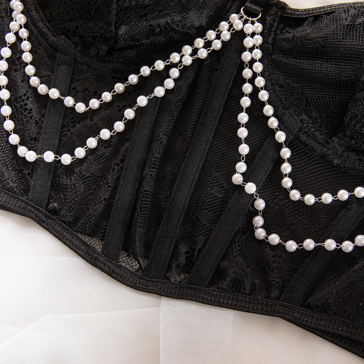 Lace Corset Crop Top with Pearl Chain Detail