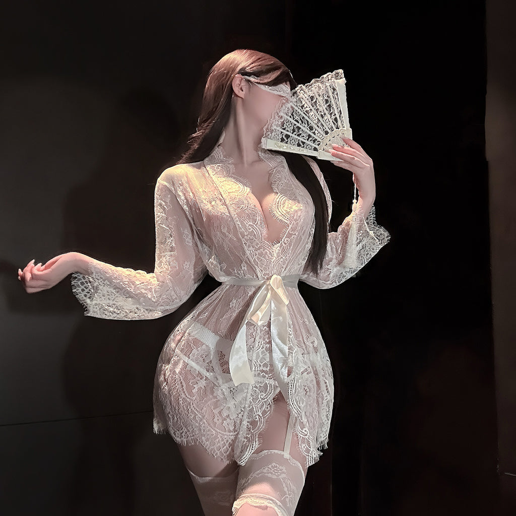 Sexy Slim-Fit Open-Bust Lace Mesh Long Sleeve Sleepwear Robe Set with Waist Belt