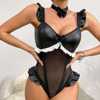 Seductive Faux Leather & Mesh Lingerie with Bow Accents