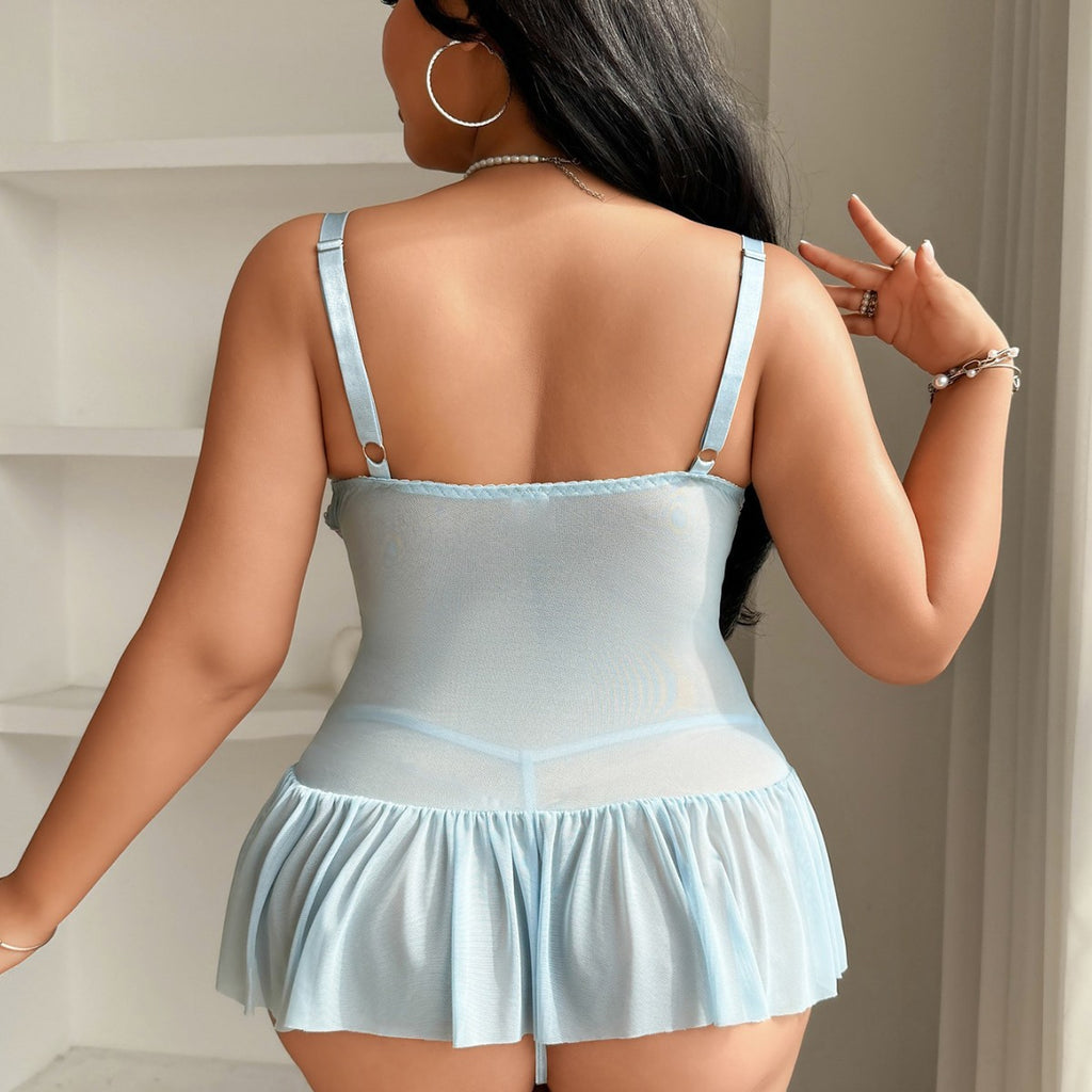 Plus Size Floral Embroidered Tulle Babydoll with Ruffle Hem