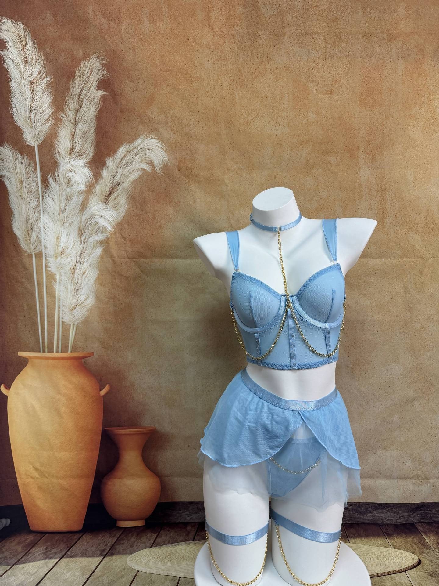 Seductive Sheer Mesh Lingerie Set with Gloves And Garter Straps