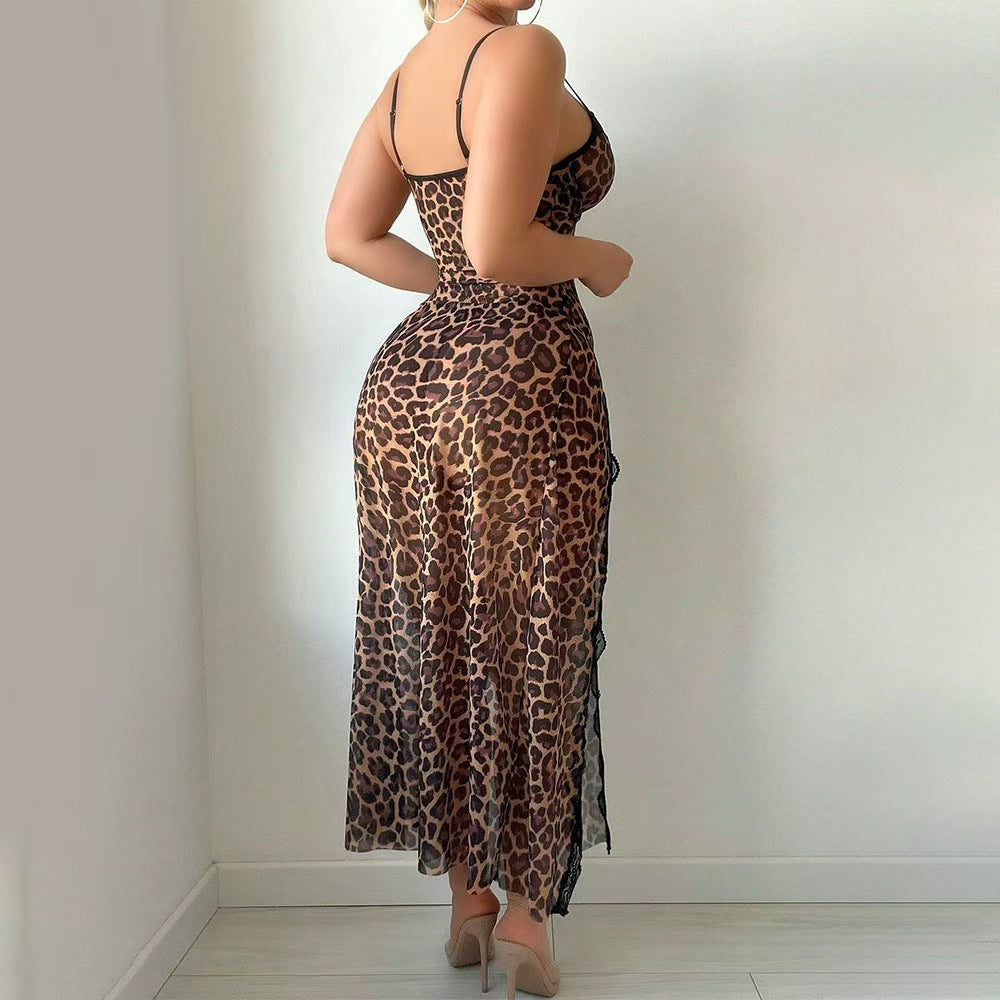 Women's Leopard Lingerie Lace Babydoll Chemise High Slit Mesh Slip Nightgown Thong