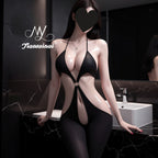 Sexy Halter Bodysuit with Cross Lace-Up Backless Open Crotch Plus Size Lingerie